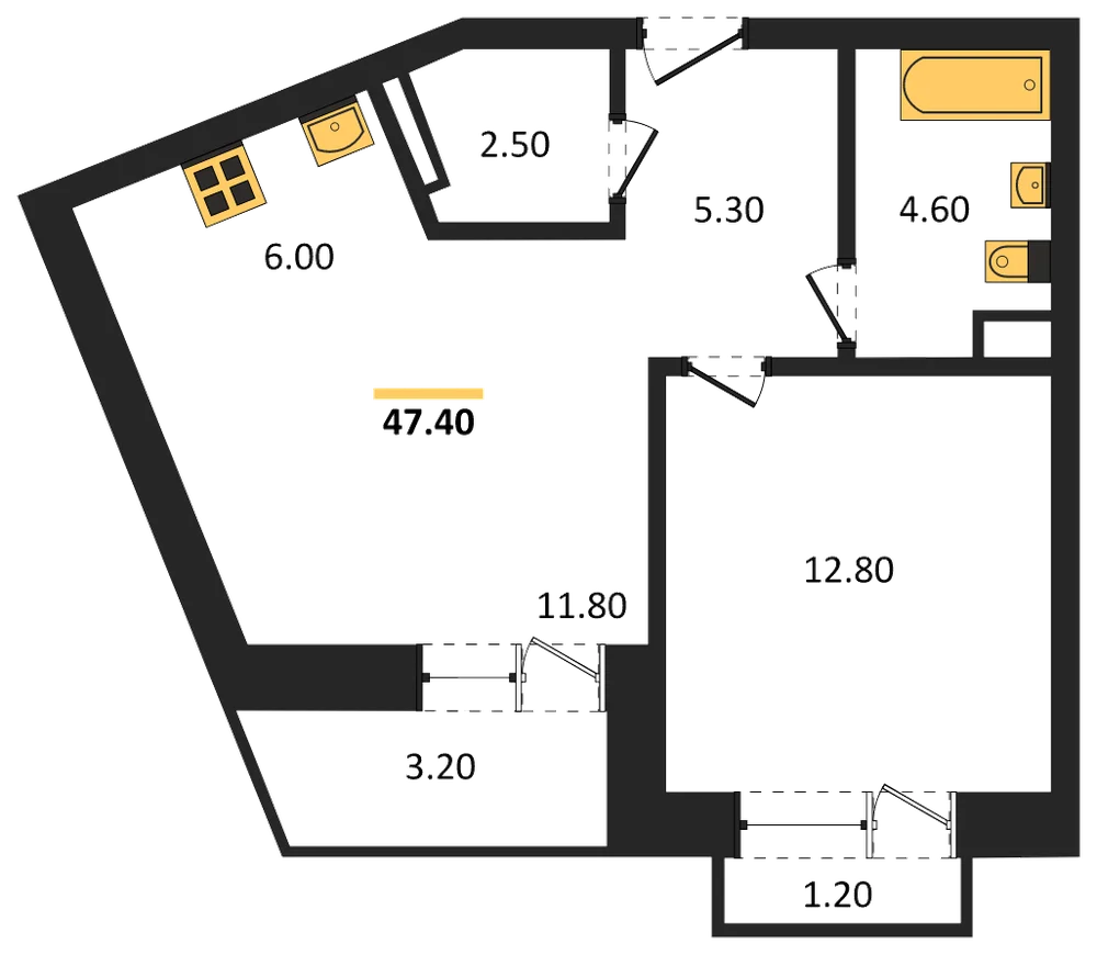 Планировка: 1-комн., 47,4 м²