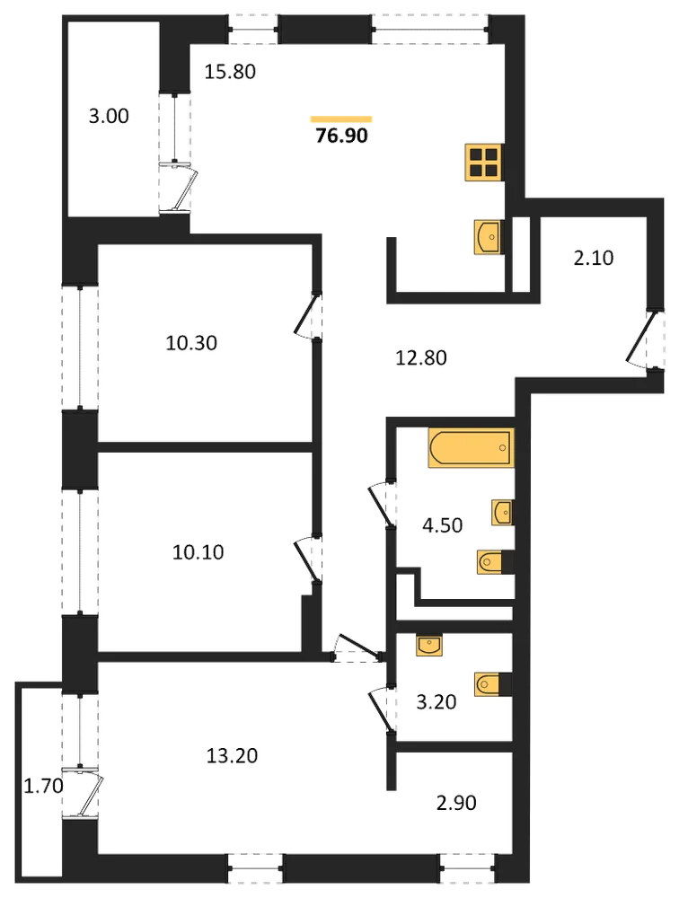 Планировка: 3-комн., 76,9 м²