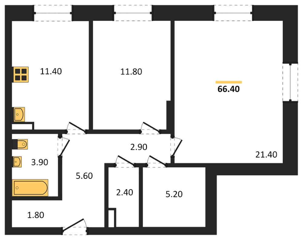 Планировка: 2-комн., 66,4 м²