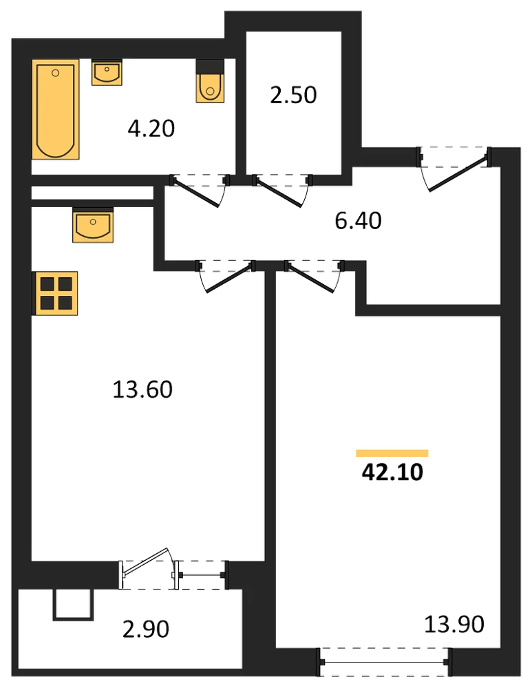 Планировка: 1-комн., 42,1 м²