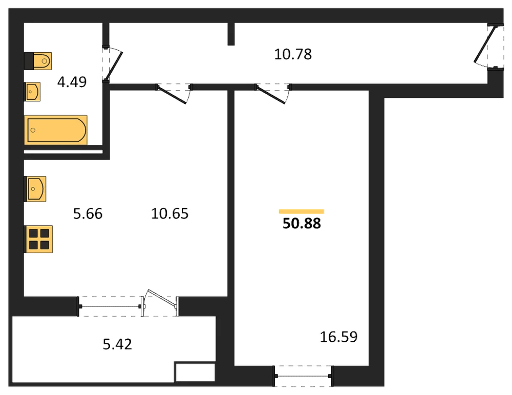 Планировка: 1-комн., 50,9 м²