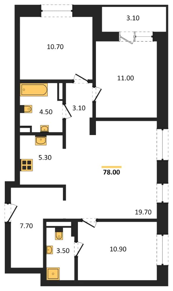 Планировка: 3-комн., 78 м²
