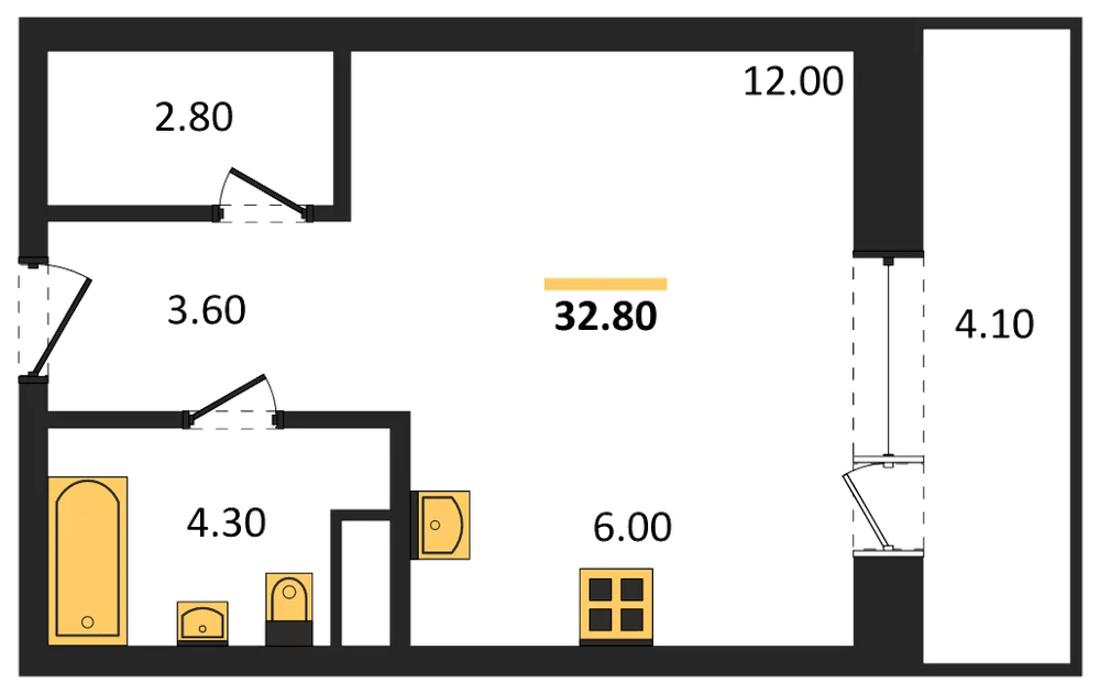 Планировка: Студия, 32,8 м²