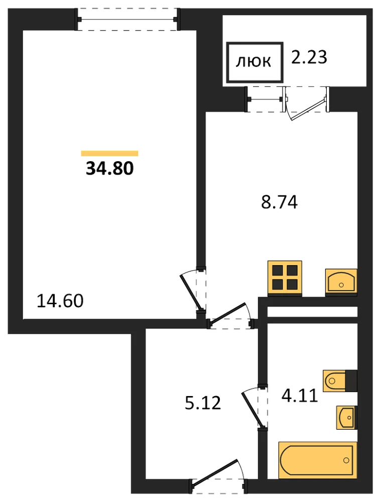 Планировка: 1-комн., 34,8 м²