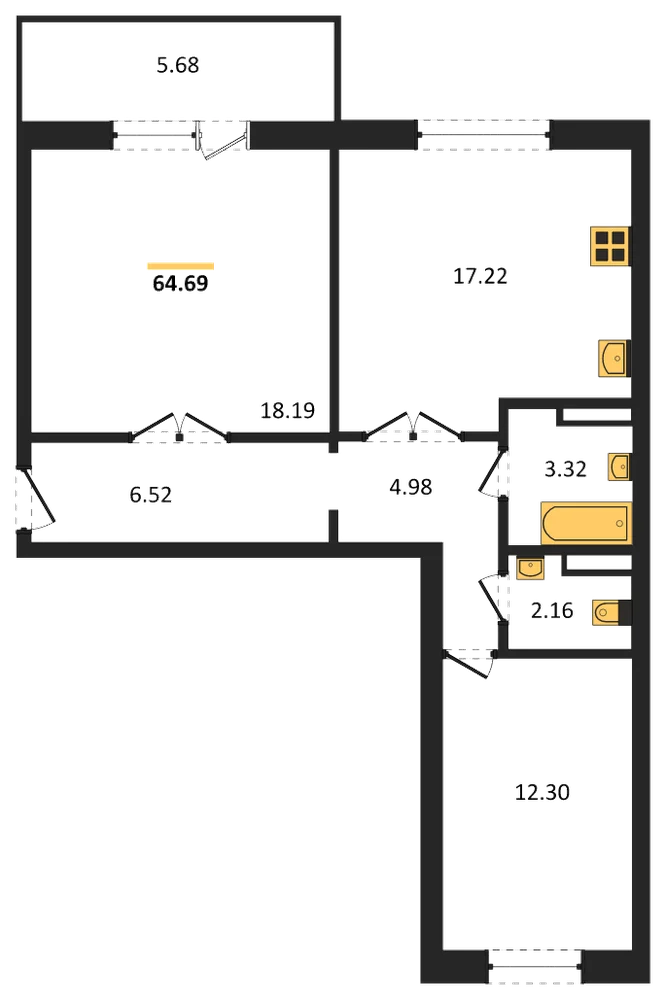 Планировка: 2-комн., 64,5 м²