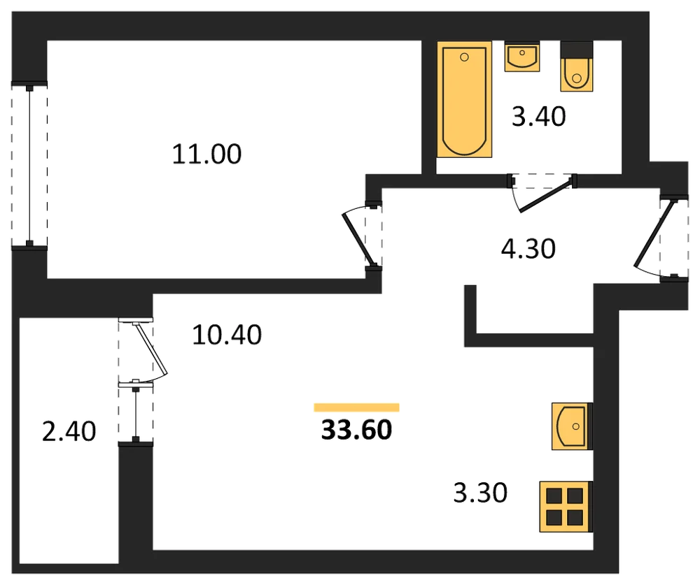 Планировка: 1-комн., 33,6 м²