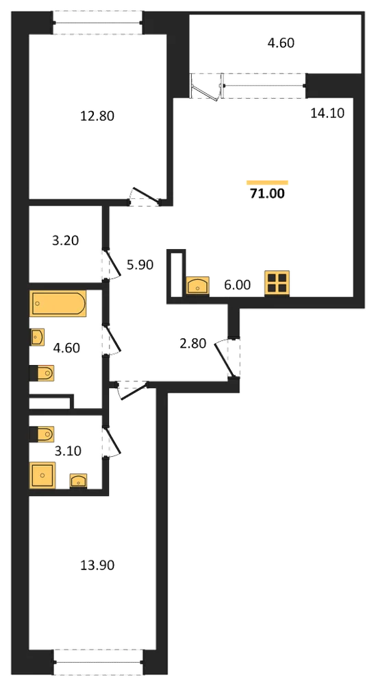 Планировка: 2-комн., 71 м²