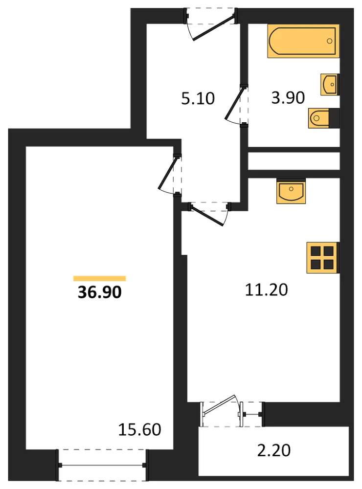 Планировка: 1-комн., 36,9 м²