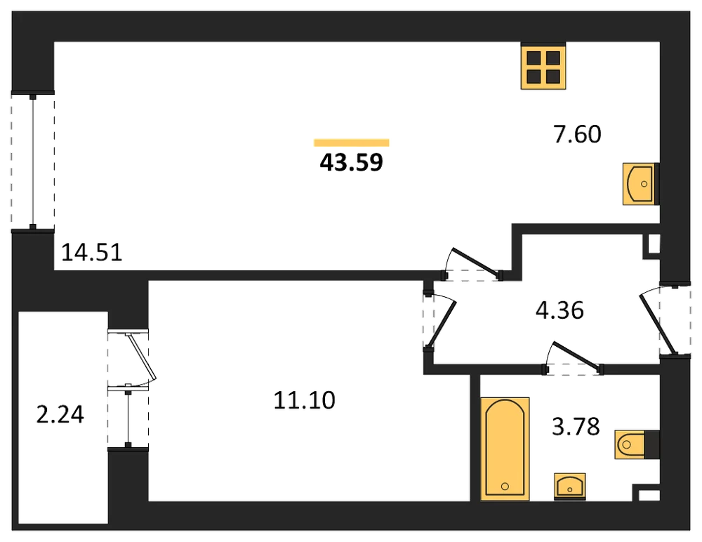 Планировка: 1-комн., 43,6 м²
