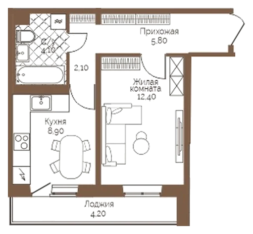 Планировка: 1-комн., 35,4 м²