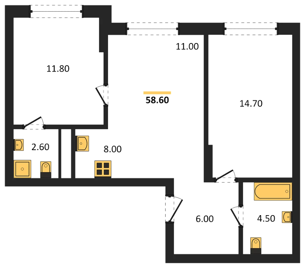Планировка: 2-комн., 58,6 м²