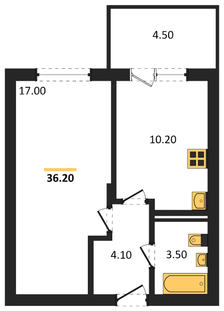 Планировка: 1-комн., 36,2 м²