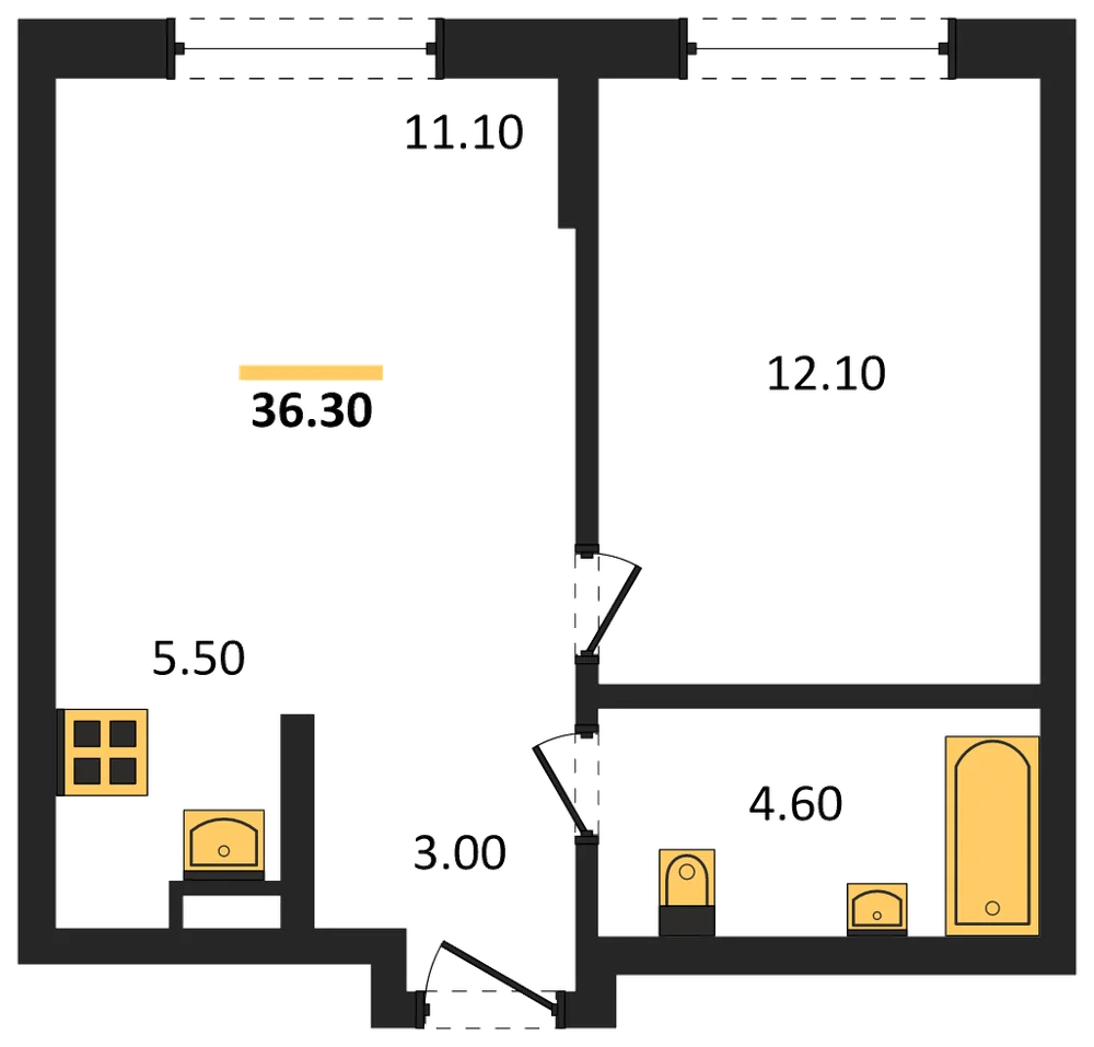 Планировка: 1-комн., 36,3 м²