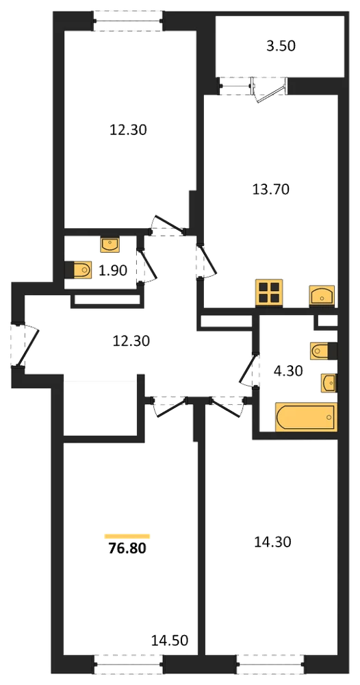 Планировка: 3-комн., 76,8 м²