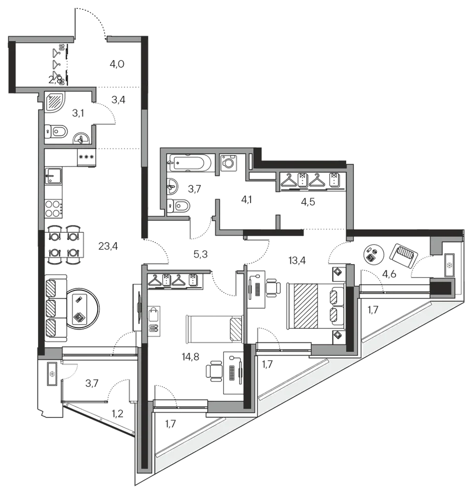 Планировка: 2-комн., 97,1 м²
