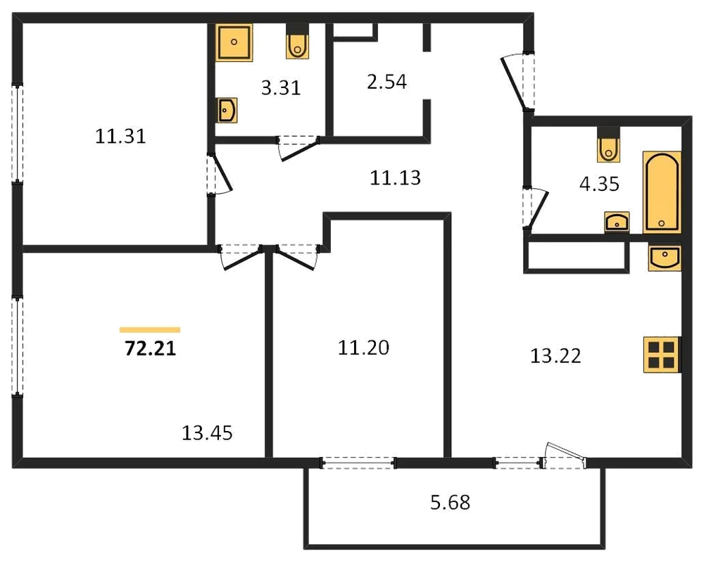 Планировка: 3-комн., 72,2 м²