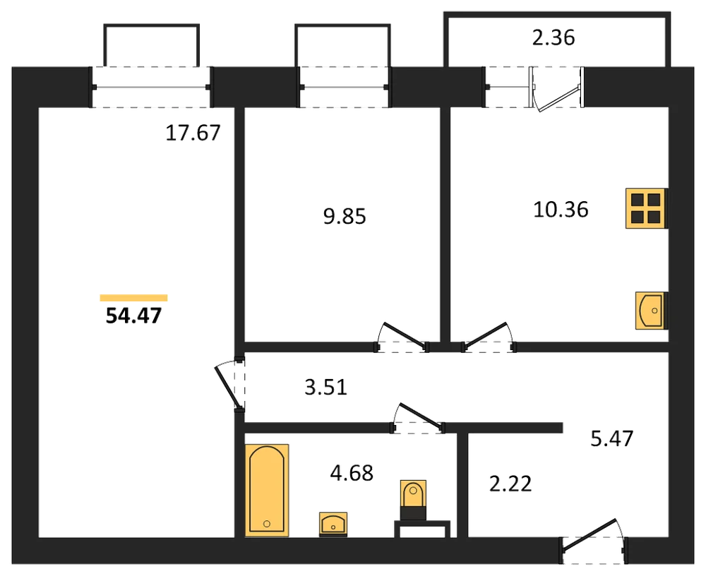 Планировка: 2-комн., 54,5 м²