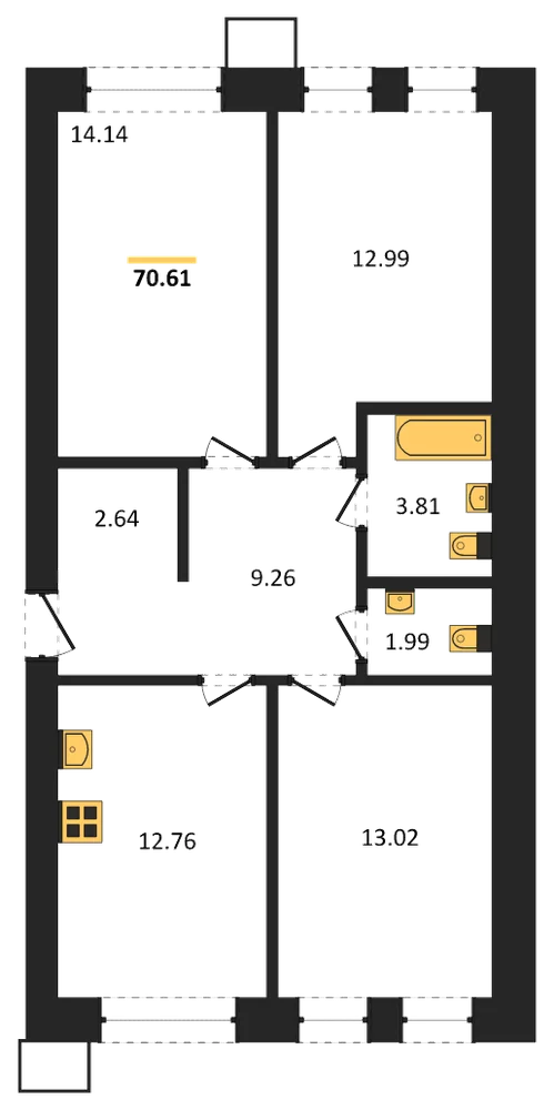 Планировка: 3-комн., 70,1 м²