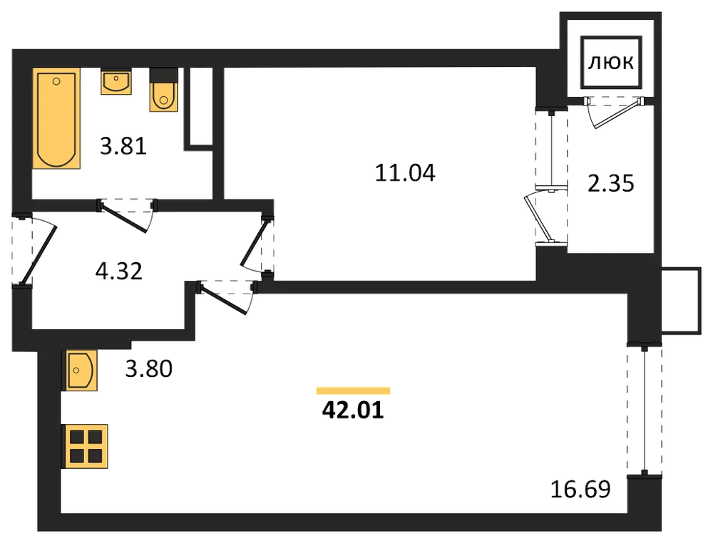 Планировка: 1-комн., 42 м²