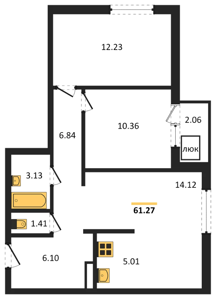 Планировка: 2-комн., 61,3 м²