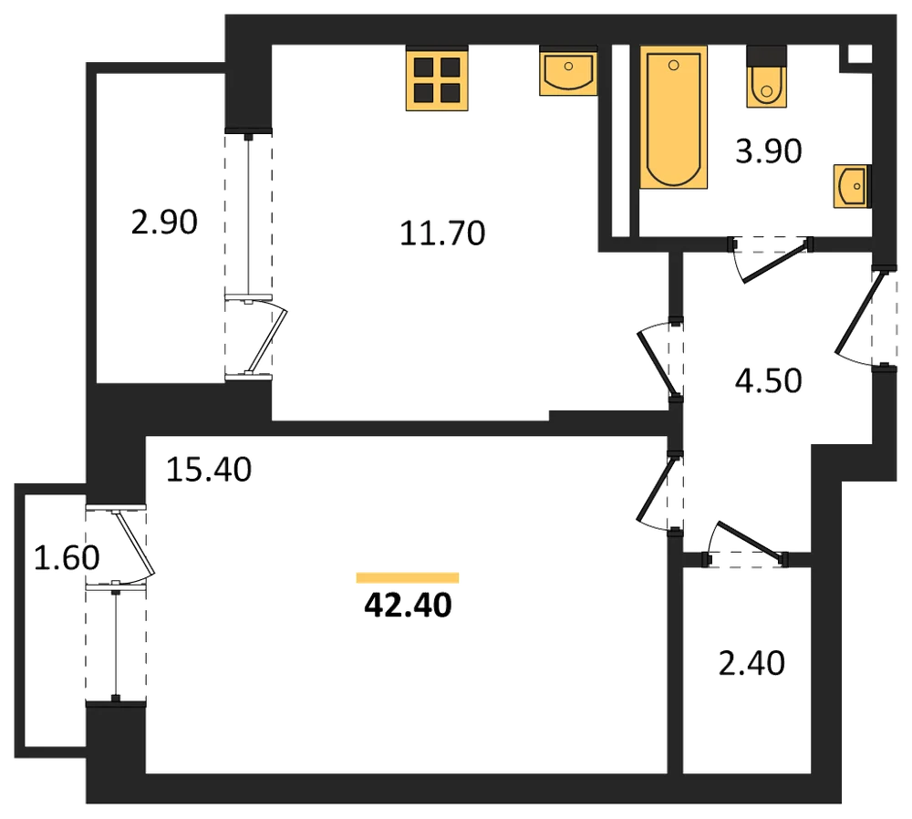 Планировка: 1-комн., 42,4 м²