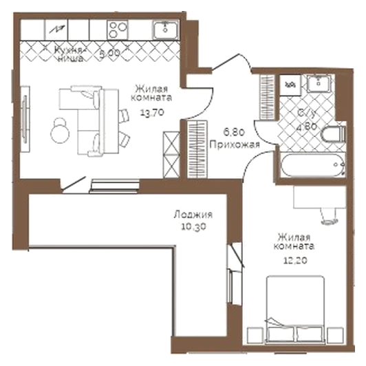 Планировка: 1-комн., 47,7 м²