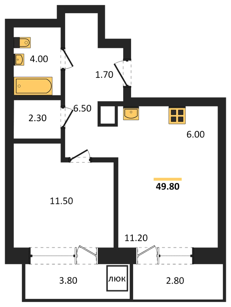 Планировка: 1-комн., 49,8 м²