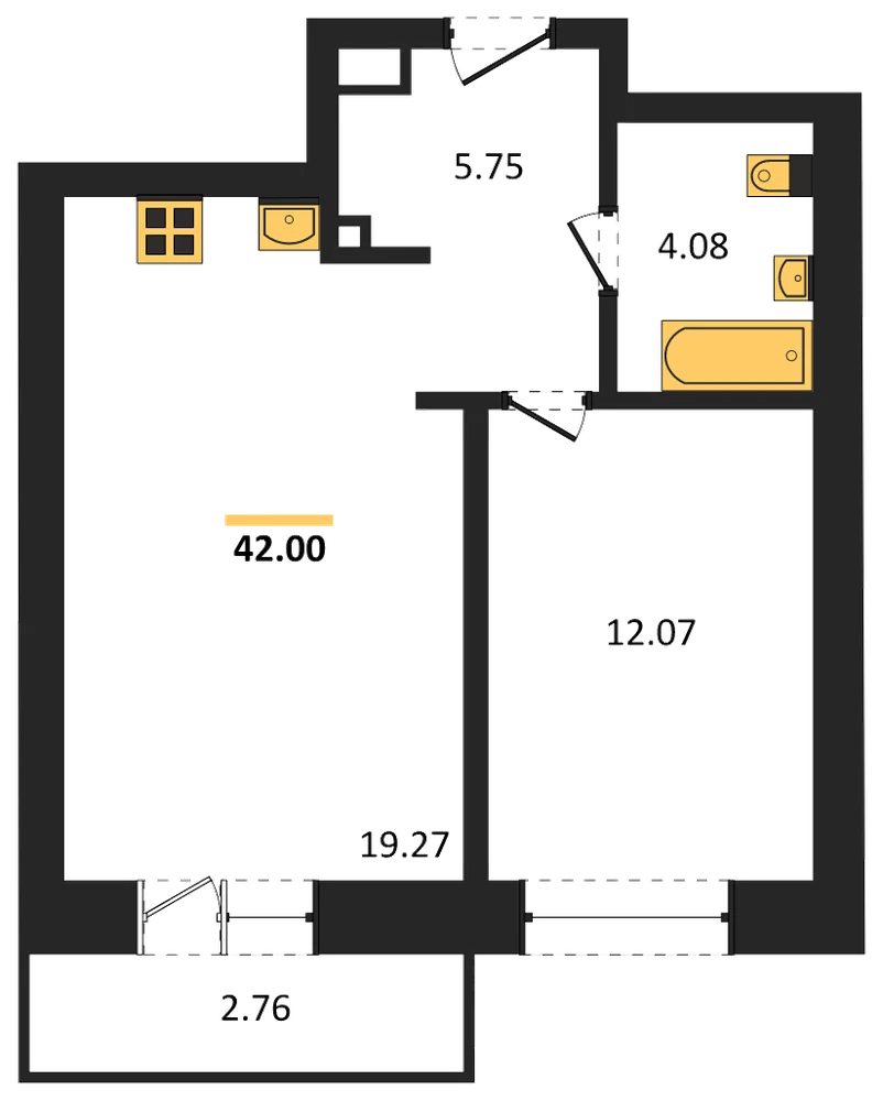 Планировка: 1-комн., 43,3 м²