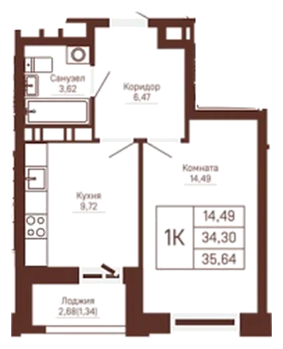 Планировка: 1-комн., 35,6 м²