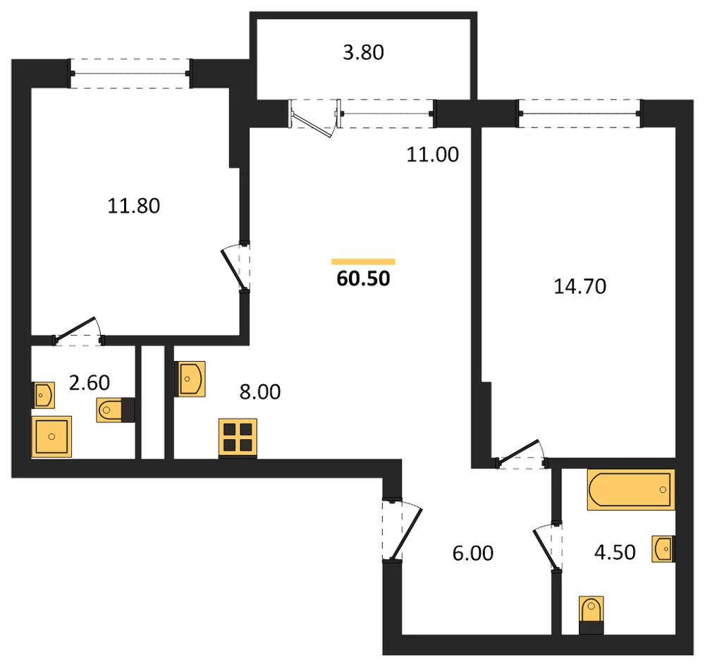 Планировка: 2-комн., 60,5 м²