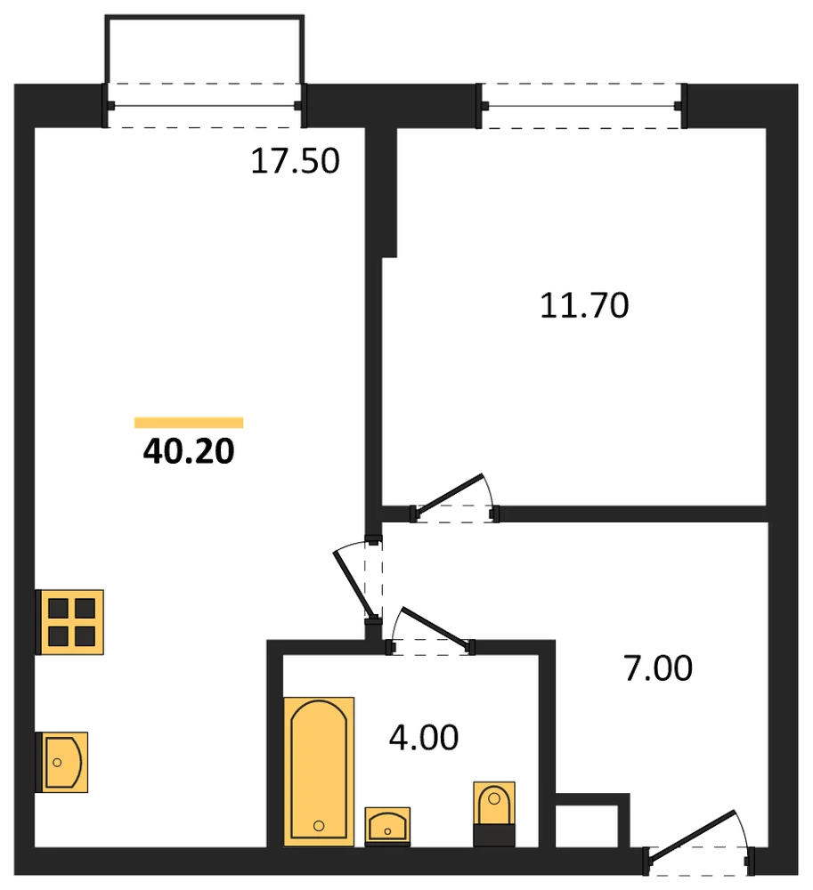 Планировка: 1-комн., 40,2 м²