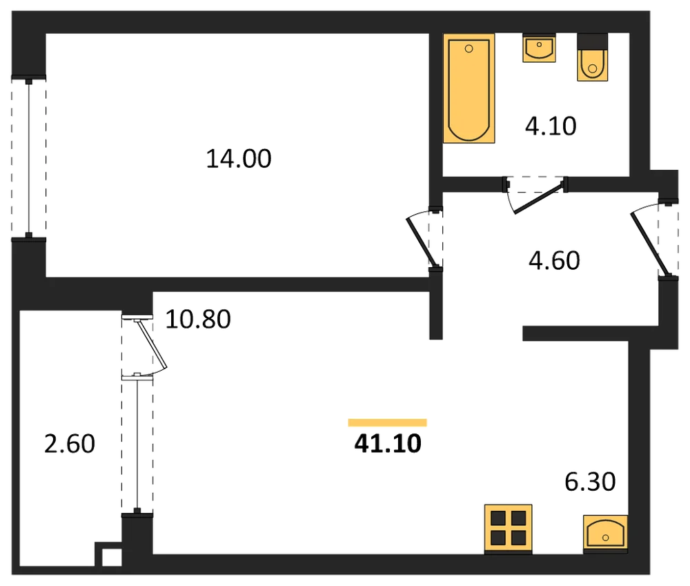 Планировка: 1-комн., 41,1 м²