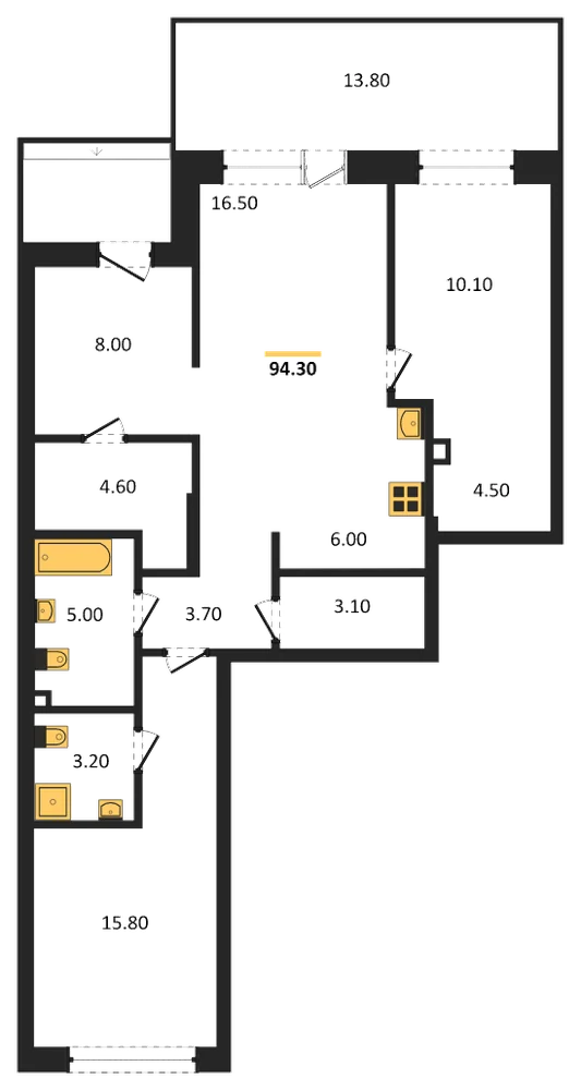 Планировка: 2-комн., 94,3 м²