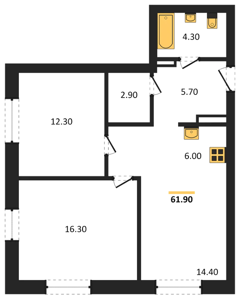 Планировка: 2-комн., 61,9 м²