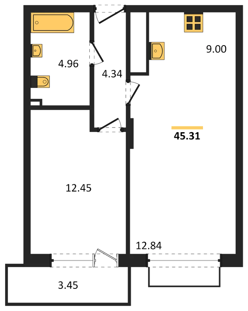 Планировка: 1-комн., 45,3 м²