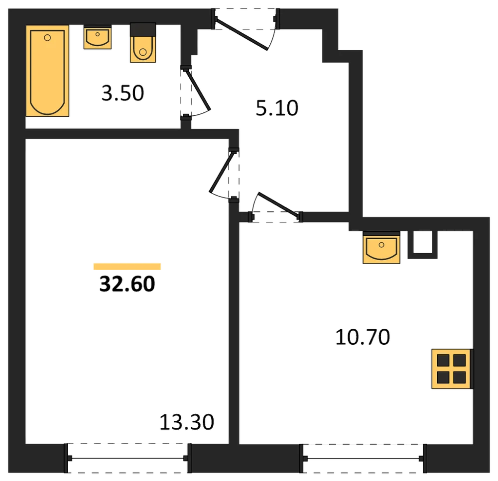 Планировка: 1-комн., 32,6 м²