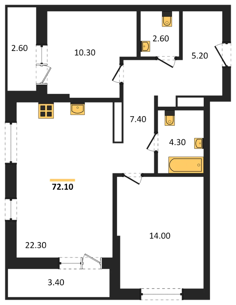 Планировка: 2-комн., 72,1 м²