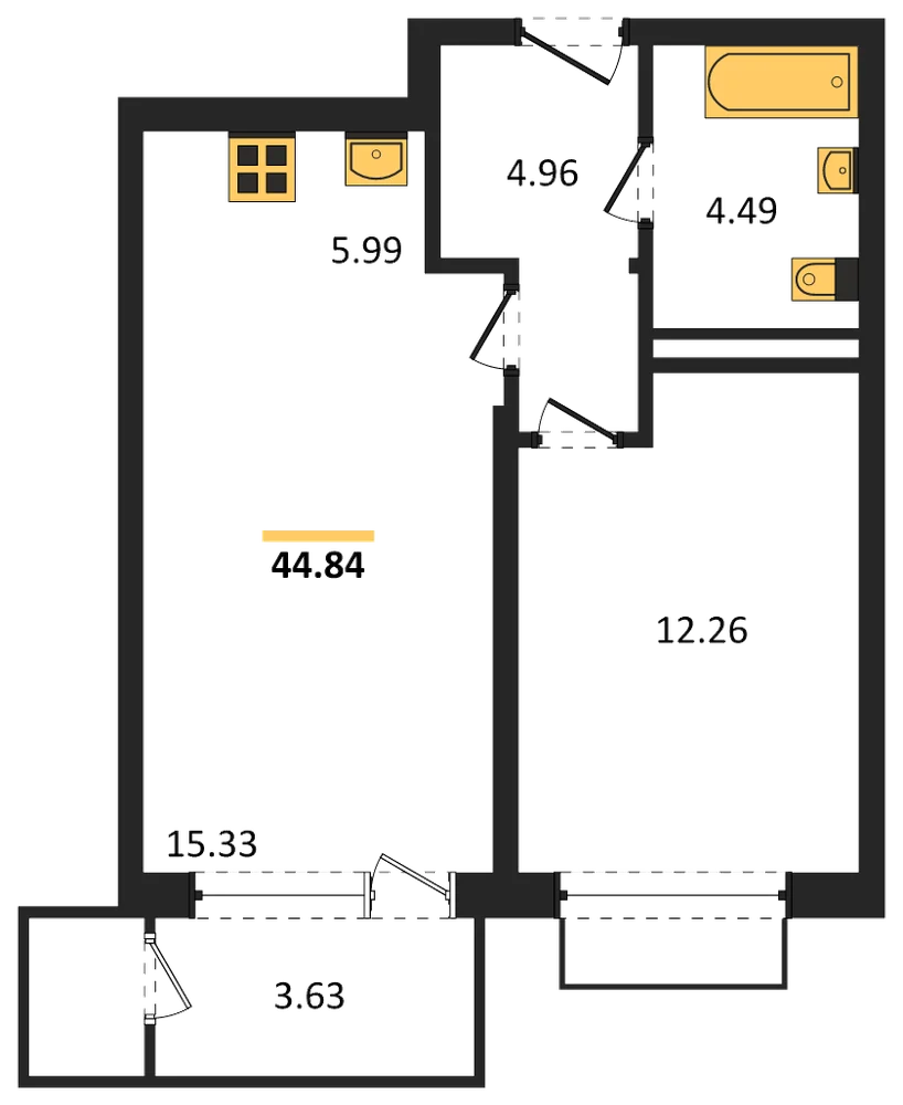 Планировка: 1-комн., 44,8 м²