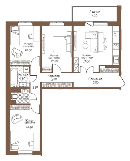 Планировка: 3-комн., 74,8 м²
