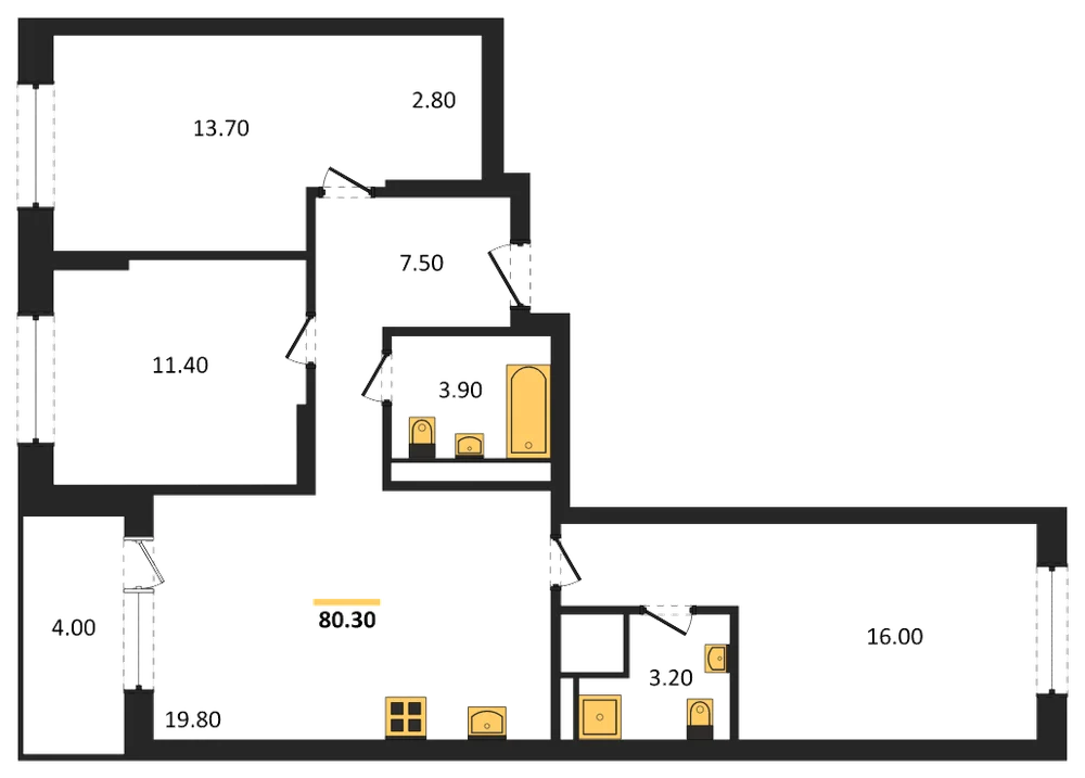 Планировка: 3-комн., 80,3 м²