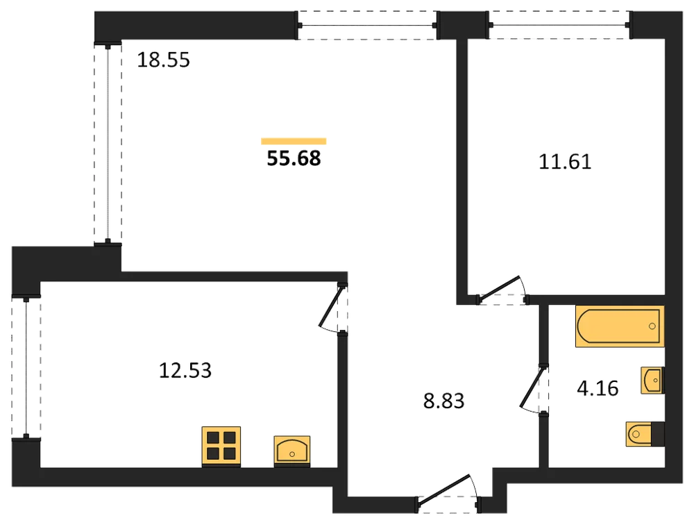 Планировка: 2-комн., 55 м²