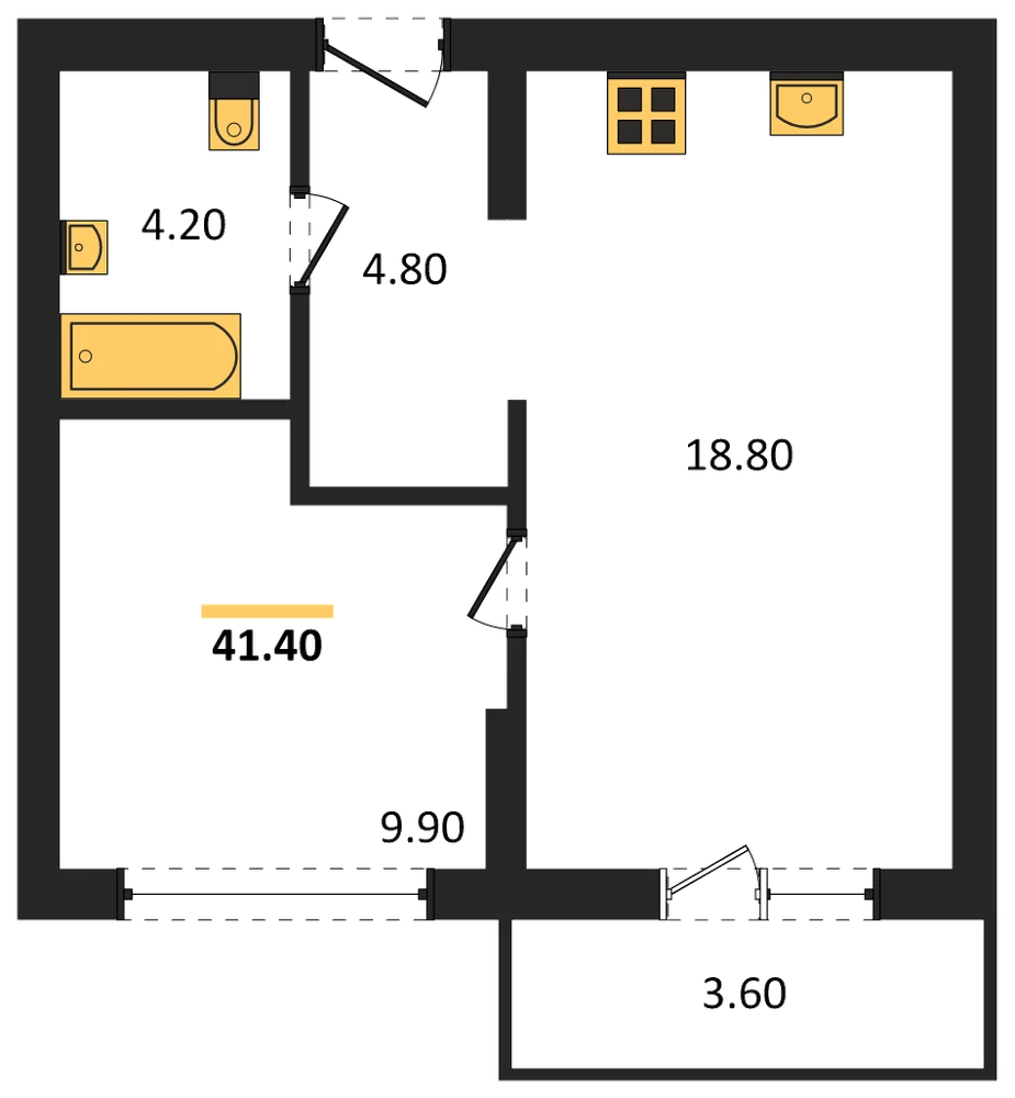 Планировка: 1-комн., 41,4 м²