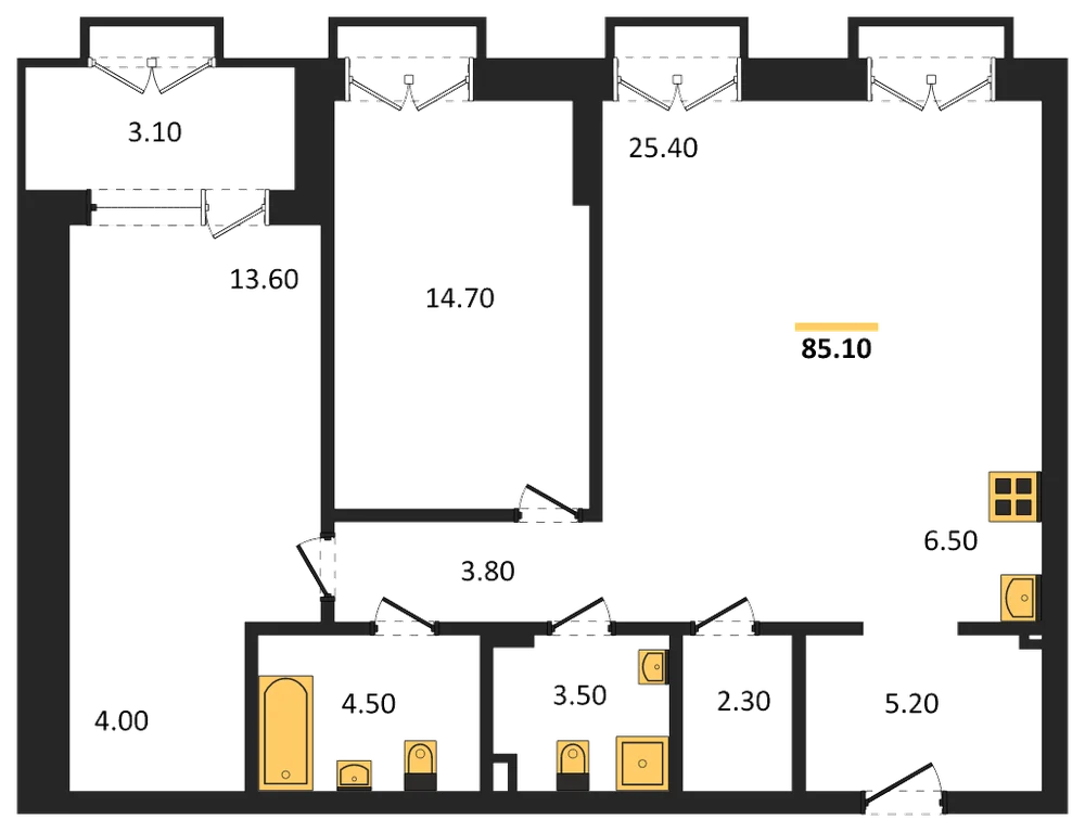 Планировка: 3-комн., 85,1 м²