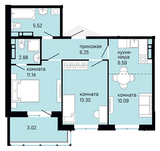 Планировка: 2-комн., 58,8 м²
