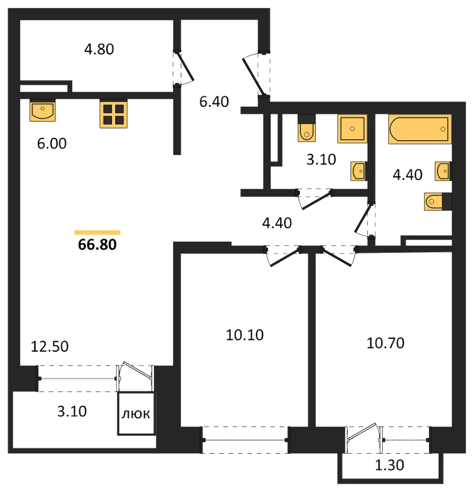 Планировка: 2-комн., 66,8 м²