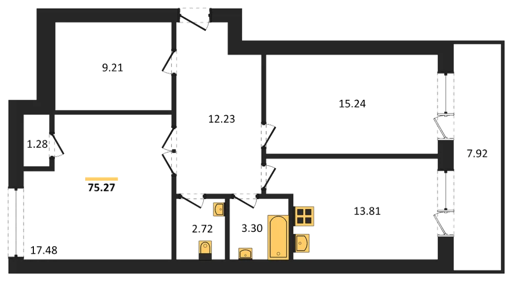 Планировка: 2-комн., 75,1 м²