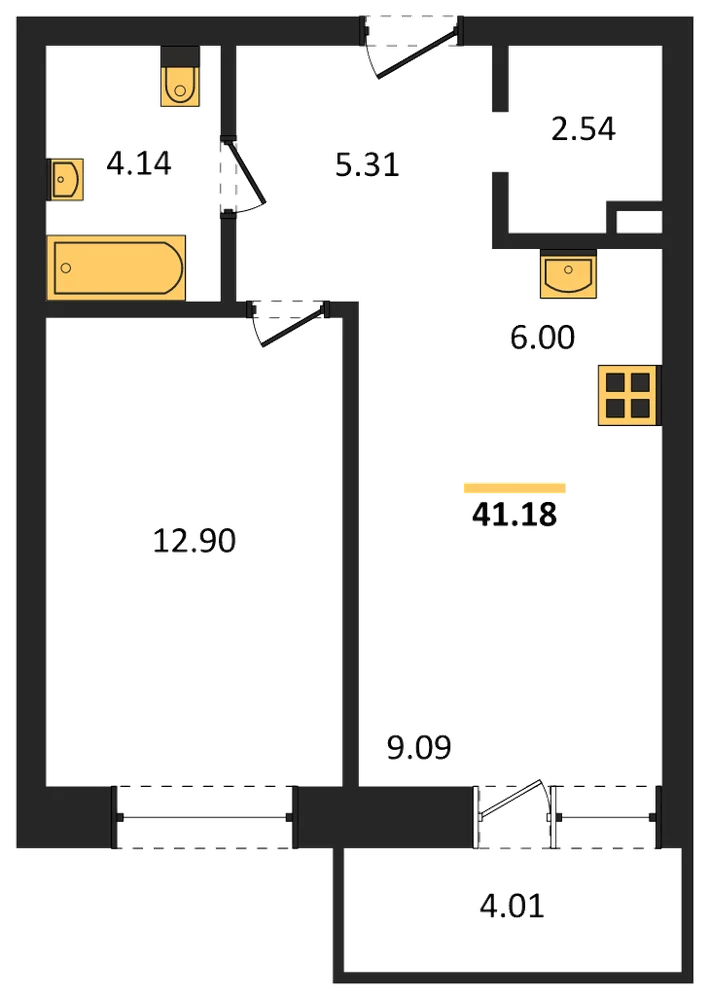 Планировка: 1-комн., 41,2 м²