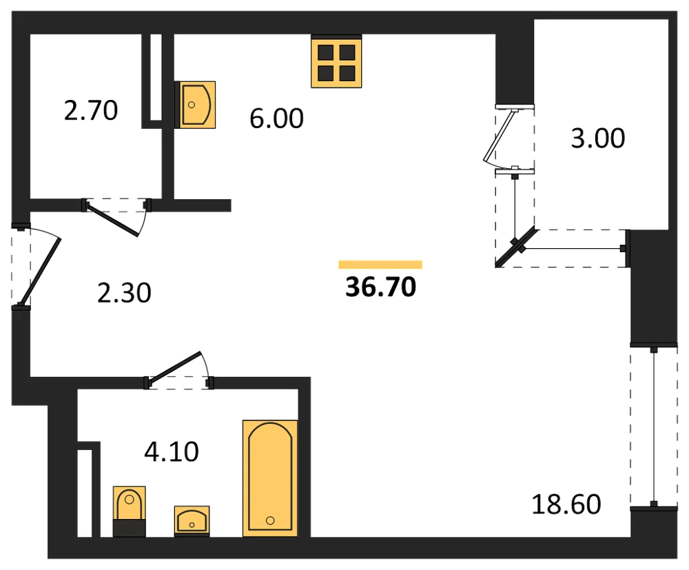 Планировка: Студия, 36,7 м²