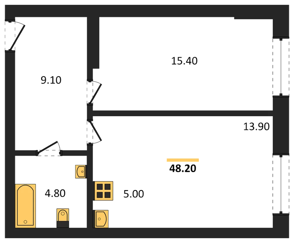 Планировка: 1-комн., 48,2 м²
