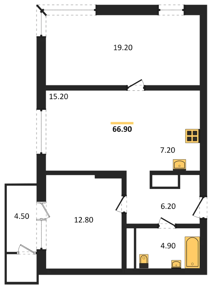 Планировка: 2-комн., 66,9 м²